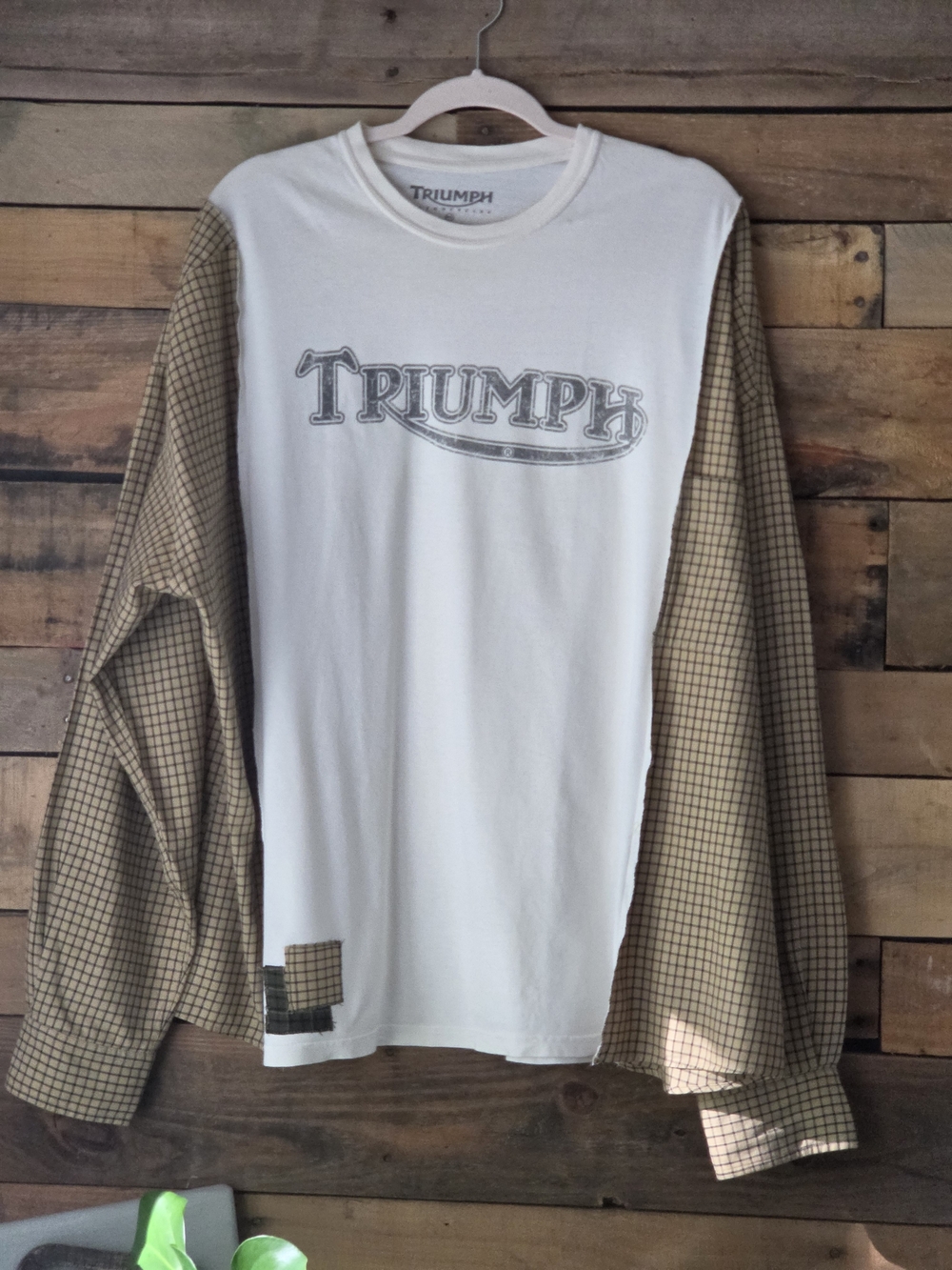 Upcycled Triumph White graphic T-Shirt with Tan Check Sleeves